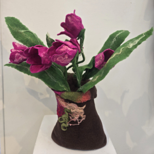 felted flowers in a brown felted vase